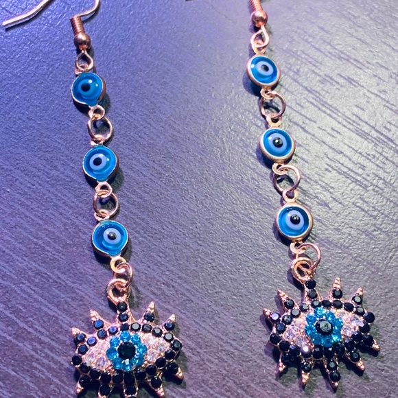 Gold-Plated Evil Eye Drop Earrings Multi-Layered CZ Third Eye Dangles – Vintage - Picture 2 of 4